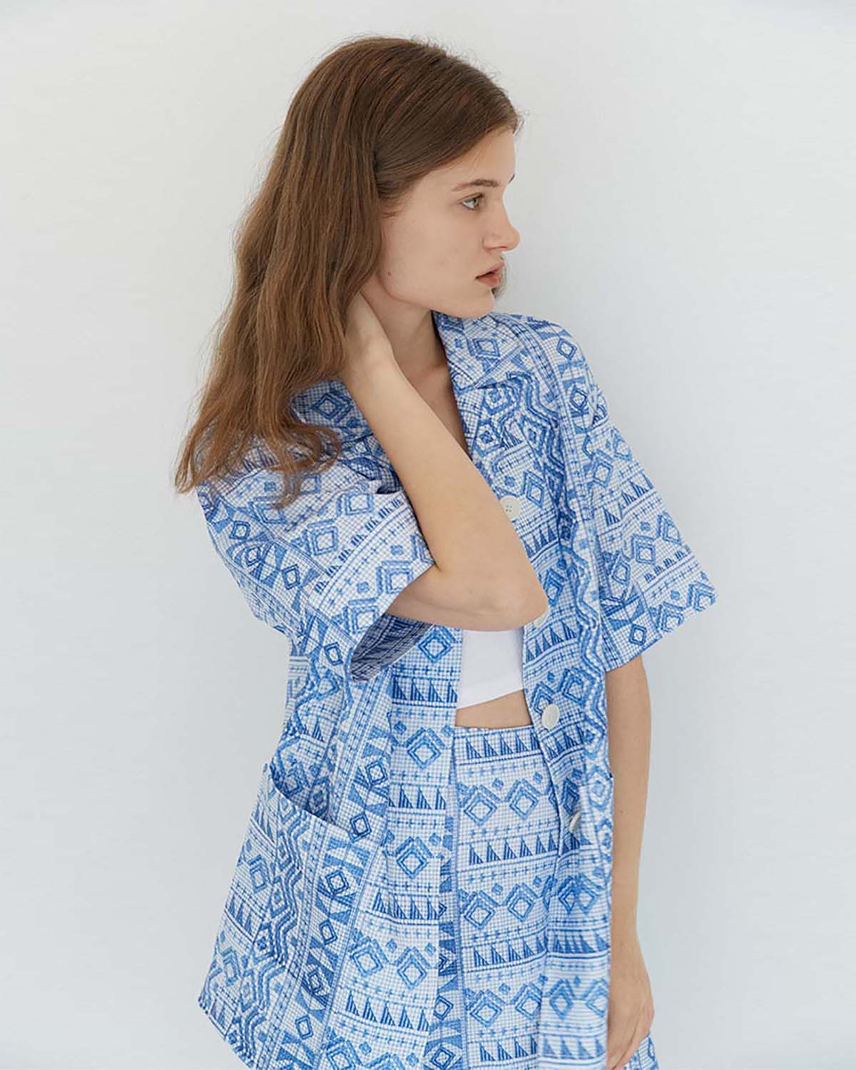 Greta Pattern Printed Linen Shirt - Classic Blue